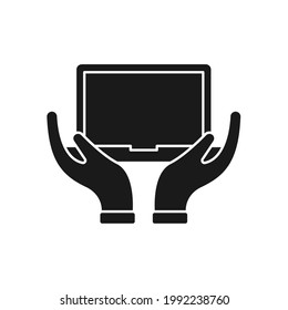 Laptop with Hand icon Vector Design. Laptop icon with Hand Gesture design concept for e-commerce, online store and marketplace website, mobile, logo, symbol, button, sign, app