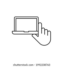 Laptop mit Hand Symbol Vectordesign. Laptop-Icon mit Hand Gesture Design Konzept für E-Commerce, Online-Shop und Marktplatz Website, Mobile, Logo, Symbol, Button, Zeichen, App
