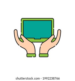 Laptop mit Hand Symbol Vectordesign. Laptop-Icon mit Hand Gesture Design Konzept für E-Commerce, Online-Shop und Marktplatz Website, Mobile, Logo, Symbol, Button, Zeichen, App