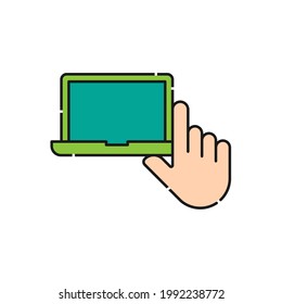 Laptop with Hand icon Vector Design. Laptop icon with Hand Gesture design concept for e-commerce, online store and marketplace website, mobile, logo, symbol, button, sign, app