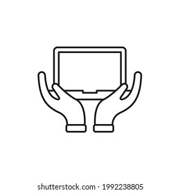 Laptop with Hand icon Vector Design. Laptop icon with Hand Gesture design concept for e-commerce, online store and marketplace website, mobile, logo, symbol, button, sign, app