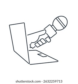 Laptop and hand with microphone. Online survey, opinion.Vector linear icon illustration on white background.