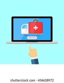 laptop and hand reaches for it, the screen ambulance, call an ambulance online concept, vector illustrations in a flat style