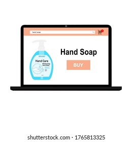 Laptop with hand soap bottle and buy button on the screen. Contactless online purchase of goods. Social distancing. Liquid pump bottle. Diseases prevention. Home delivery.