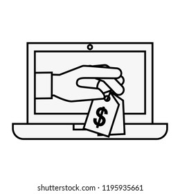 laptop hand with tag price online shopping