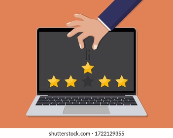 Laptop with hand throwing a star rating in a flat design. Customer review concept