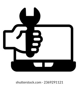 Portátil y mano con un icono de llave sólida, concepto de crepar, señal de vector llave portátil sobre fondo blanco, mano con estilo de glifo francés para concepto móvil y diseño web. Gráficos vectoriales