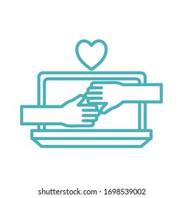 Laptop And Hands With Heart Line Style Icon Design Of Humanity Help Cooperation Together Unity Support Covid 19 2019 Community And Union Theme Vector Illustration