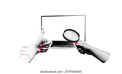  Laptop and Hands with magnifying glass and thumb up on transparent background. Stylish vector halftone collage elements