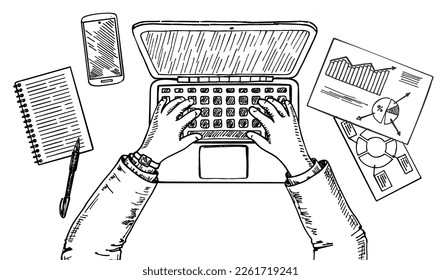 Laptop and hands on the keyboard. Human hands using computer isolated on white background. Sketch of man with computer. Business planning concept.  Hand drawn illustration. Top view
