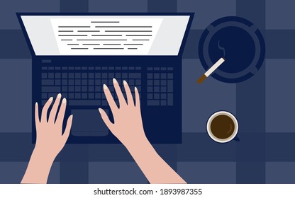 Portátil y manos en el teclado.  Vista superior. Cigarrillos y una taza de café sobre el escritorio. Ilustración vectorial sobre fondo azul