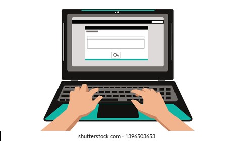 Laptop and hands on the keyboard. Hands typing a message in social networks. Flat style