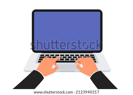 Laptop and hands on the keyboard. Hands typing on computer. Work with device, writing code, planning financial report, online education, conference, coding, watch video, chatting and communicating