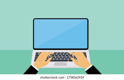 Laptop and hands on the keyboard. Vector Illustration.