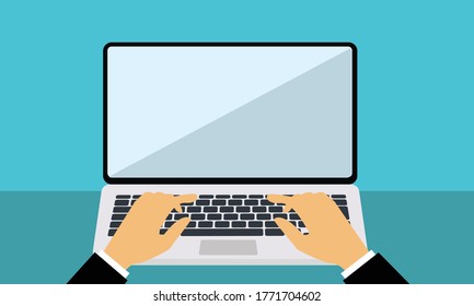 Laptop and hands on the keyboard. Vector Illustration.