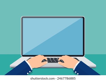 Laptop and hands on the keyboard. Vector illustration in flat style