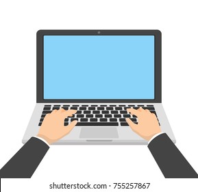 Laptop and hands on the keyboard. Vector Illustration. 