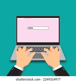 Laptop and hands on keyboard in web search screen.
