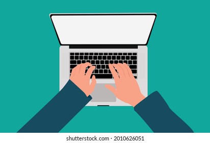 laptop and hands on the keyboards, top view of people working with computer at the work desk, typing on laptop, person hand typing text on the laptop keyboard, typing laptop, vector and illustration