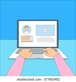 Laptop Hands Type Working Using Computer Thin Line Vector Illustration