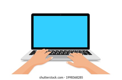 Laptop and hands typing on keyboard. Human working on laptop. Notebook blank screen for text space. Workplace.