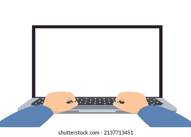 Laptop and hands typing on keyboard. Human working on laptop. Notebook blank screen for text space. Workplace.