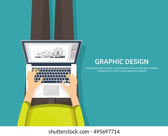 Laptop in hands. Workplace, web design. Vector illustration. Internet surfing. User interface. Work from home. Room.