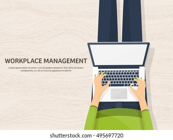 Laptop in hands. Workplace, web design. Vector illustration. Internet surfing. User interface. Work from home. Room.