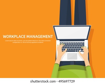 Laptop in hands. Workplace, web design. Vector illustration. Internet surfing. User interface. Work from home. Room.