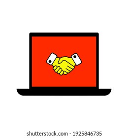 Laptop with handshake colored line icon . Notebook and site. Display with internet symbol. Flat style design illustration. Suitable web design, mobile app, template ui. White background. Vector EPS 10