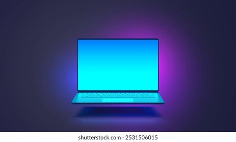 Laptop hanging air in dark. Laptop vector front view. Front open cyan screen gaming laptop mockup. Vector template blank screen notebook with backlit.