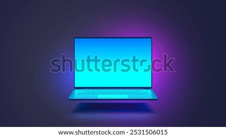 Laptop hanging air in dark. Laptop vector front view. Front open cyan screen gaming laptop mockup. Vector template blank screen notebook with backlit.