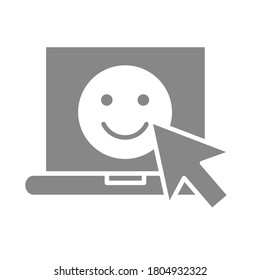 Laptop with happy face and cursor arrow grey icon. Emoji on the screen, customer satisfaction symbol