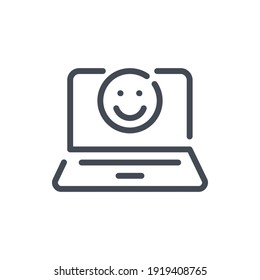 Laptop with happy face line icon. Online positive feedback vector outline sign.