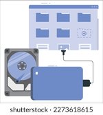 Laptop and Hard disk storage, Vector design. External hard drive connect to laptop computer. Vector illustration of opened hard drive disk isolated on the white background