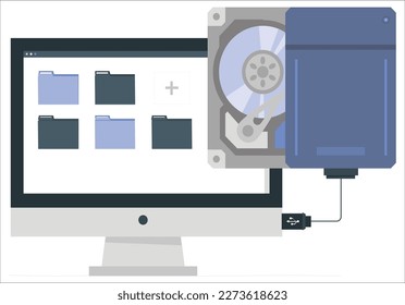 Laptop and Hard disk storage, Vector design. External hard drive connect to laptop computer. Vector illustration of opened hard drive disk isolated on the white background
