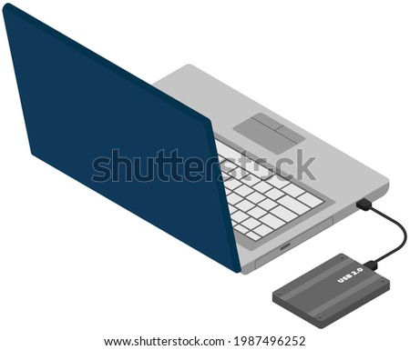 Laptop and hard disk storage, Vector design isolated on white background modern computer and usb device with wire. Hard drive - a random access memory device based on principle of magnetic recording