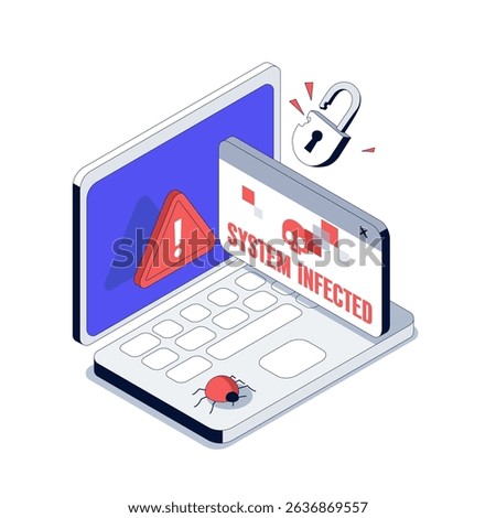 Laptop has a Blue screen. Error System is Infected with a Virus. Isometric Vector illustration. Broken lock
