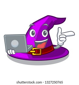 With laptop with hat in the shape mascot