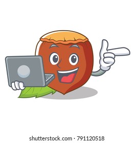 With laptop hazelnut character cartoon style