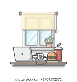 Laptop with Headphone, Burger and Soda Vector Illustration. Workspace. Fast Food Icon. Office. Restaurant. Flat Cartoon Style Suitable for Web Landing Page, Banner, Flyer, Sticker, Card, Background