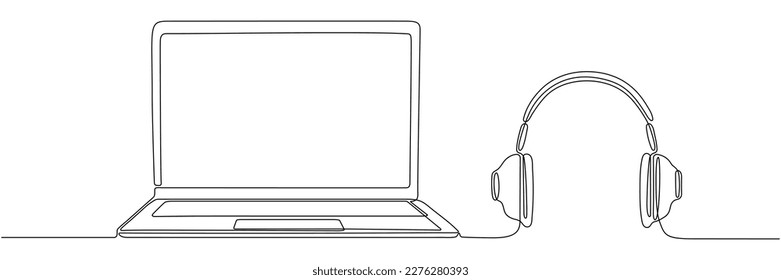 Laptop with headphones continuous line drawing. Open computer linear gadget. Vector illustration isolated on white.
