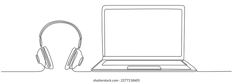 Laptop with headphones continuous line drawing. Open computer linear gadget. Vector illustration isolated on white.