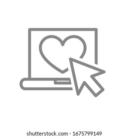 Laptop with heart and cursor arrow line icon. Customer satisfaction, positive feedback symbol