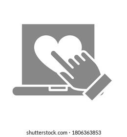Laptop mit Herz und Hand Cursor graues Symbol. Symbol für die Kundenzufriedenheit.