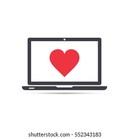 Laptop with heart icon in flat style, vector isolated illustration.