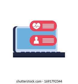 Laptop with heart pulse and avatar bubbles flat style icon design of Medical care health emergency aid exam clinic and patient theme Vector illustration