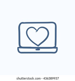 Laptop with heart symbol on screen vector sketch icon isolated on background. Hand drawn Laptop with heart symbol on screen icon. Laptop with heart sketch icon for infographic, website or app.