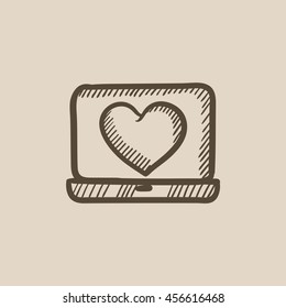 Laptop with heart symbol on screen vector sketch icon isolated on background. Hand drawn Laptop with heart symbol on screen icon. Laptop with heart sketch icon for infographic, website or app.