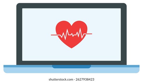 Laptop with heartbeat flat icon isolated on white background.